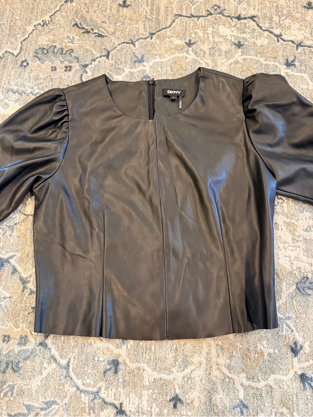 DKNY Black Faux Leather Round Neck Top with Back Zip